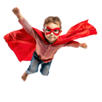 Little boy flying with superhero red cape and mask isolate on transparency background png