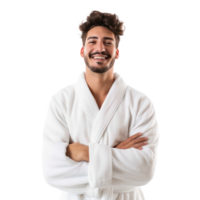Smiling young man wearing bathrobe standing isolate on transparency background png