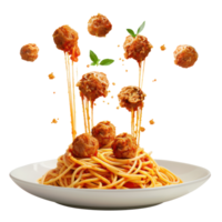 floated Spaghetti pasta with meatballs falling into a plate isolate on transparency background png