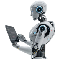 Ai robot using tablet isolate on transparency background png