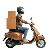 delivery man driving a scooter deliver cardboard box side view full length isolate on transparency background png