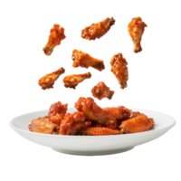 floated Chicken Wings falling into a plate isolate on transparency background png