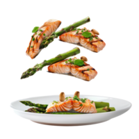 floated grilled salmon and asparagus falling into a plate isolate on transparency background png