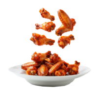 floated Chicken Wings falling into a plate isolate on transparency background png