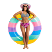 Happy little young woman wearing summer clothes with inflatable swimming circle front view full length isolate on transparency background png