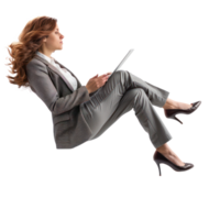 full body business woman laying in the air floating while using tablet isolate on transparency background png