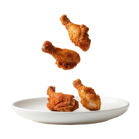 floated Fried chicken legs falling into the white plate isolate on transparency background png