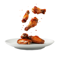 floated Chicken Wings falling into a plate isolate on transparency background png