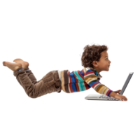 full body little boy laying in the air floating while using laptop isolate on transparency background png