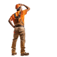 Back view of construction worker looking at something up, standing isolate on transparency background png