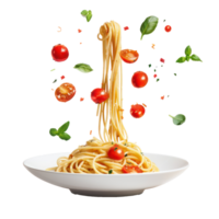 floated Delicious spaghetti with sources falling into a plate isolate on transparency background png