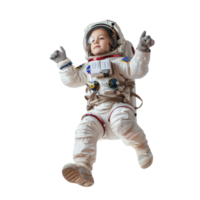 little girl in astronaut suit floating in the air isolate on transparency background png