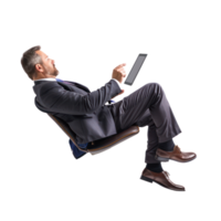 full body business man laying in the air floating while using tablet isolate on transparency background png