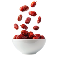 Falling Dry red dates in a bowl isolate on transparency background png
