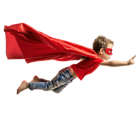 Little boy flying with superhero red cape and mask isolate on transparency background png
