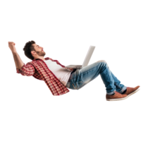 full body young man laying in the air floating while using laptop isolate on transparency background png