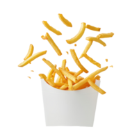 floated French fries falling into white paper box isolate on transparency background png