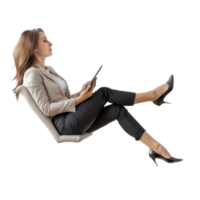 full body business woman laying in the air floating while using tablet isolate on transparency background png