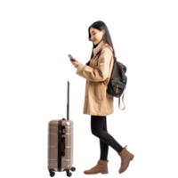 Beautiful young woman looking at mobile phone while holding travel suitcase walking side view full length isolate on transparency background png