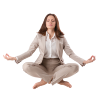 floated business woman doing yoga in the air, isolate on transparency background png
