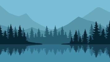 Landscape illustration of mountain with lake and coniferous trees vector