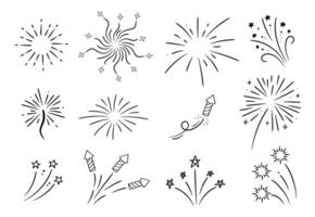 Linear explosions set. Hand drawn fireworks and stars collection. Doodle sketch. vector