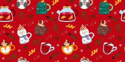 Winter drinks red seamless pattern. Funny mugs in the form of characters. Christmas bright colorful background for packaging, fabric, paper. vector