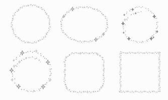 Shining frames with sparkle stars set. Square, circle, oval glow shapes of festive glitter. White background. vector