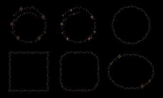 Golden shining frames with sparkle stars set. Square, circle, oval glow shapes of festive glitter. vector