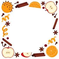 Mulled wine ingredients frame. Citrus fruits and spices. Greeting card template. vector