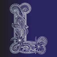 blue background with a hand drawn ornate letter L in doodle style vector