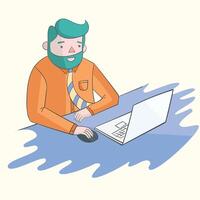 Hipster man beard with notebook laptop vivid color doodle hand drawn illustration vector