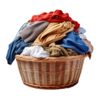 Pile of neatly stacked used clothes ready for laundry in rattan basket clip art and element png