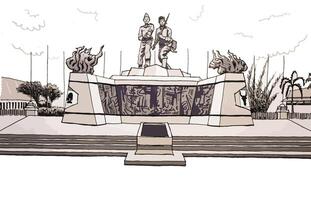 A drawing of a monument with statues on top vector