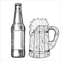 Hand draw a bottle and a wooden mug with beer. illustration vector