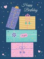Birthday card with gifts on a dark background vector