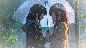 A couple stands under a red umbrella in the rain, with a cityscape featuring neon signs and streetlights in the background. The scene is atmospheric and evokes a sense of intimacy and tranquility video
