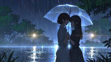 A couple stands under a red umbrella in the rain, with a cityscape featuring neon signs and streetlights in the background. The scene is atmospheric and evokes a sense of intimacy and tranquility video