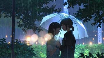 un Pareja soportes debajo un rojo paraguas en el lluvia, con un paisaje urbano presentando neón señales y luces de la calle en el antecedentes. el escena es atmosférico y evoca un sentido de intimidad y tranquilidad video