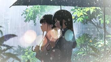 uma casal carrinhos debaixo uma vermelho guarda-chuva dentro a chuva, com uma paisagem urbana apresentando néon sinais e luzes da rua dentro a fundo. a cena é atmosférico e evoca uma sentido do intimidade e tranquilidade video