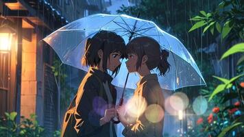 un Pareja soportes debajo un rojo paraguas en el lluvia, con un paisaje urbano presentando neón señales y luces de la calle en el antecedentes. el escena es atmosférico y evoca un sentido de intimidad y tranquilidad video