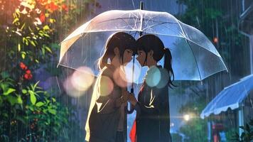 A couple stands under a red umbrella in the rain, with a cityscape featuring neon signs and streetlights in the background. The scene is atmospheric and evokes a sense of intimacy and tranquility video
