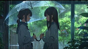 A couple stands under a red umbrella in the rain, with a cityscape featuring neon signs and streetlights in the background. The scene is atmospheric and evokes a sense of intimacy and tranquility video