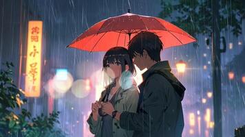A couple stands under a red umbrella in the rain, with a cityscape featuring neon signs and streetlights in the background. The scene is atmospheric and evokes a sense of intimacy and tranquility video