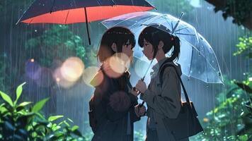 A couple stands under a red umbrella in the rain, with a cityscape featuring neon signs and streetlights in the background. The scene is atmospheric and evokes a sense of intimacy and tranquility video