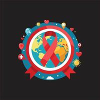 Red ribbon around the world with icons of the world vector