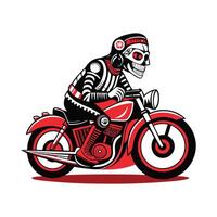 A skeleton riding a motorcycle in red and white vector
