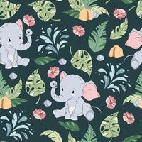 Seamless pattern with cute elephants in flat style. Repeating background with African animals and tropical plants. Childish illustration for fabric, wallpaper, wrapping paper, scrapbooking etc. vector
