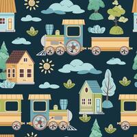 Seamless pattern with steam locomotive, houses and trees in flat style. Childish background with toy train for fabric, wallpaper, scrapbooking, etc. vector
