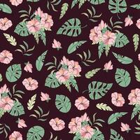 Seamless pattern with tropical leaves in flat style. Repeating background with hibiscus flowers and leaves. Botanical background for fabric, wallpaper, wrapping paper, scrapbooking etc. vector